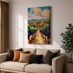 A vibrant impasto painting depicting a Tuscany vineyard with rows of grapevines stretching into rolling hills under a dynamic sky. The thick textured brushstrokes emphasize the lush greenery and ripe grapes, capturing the essence of Italian wine country in a colorful landscape composition.