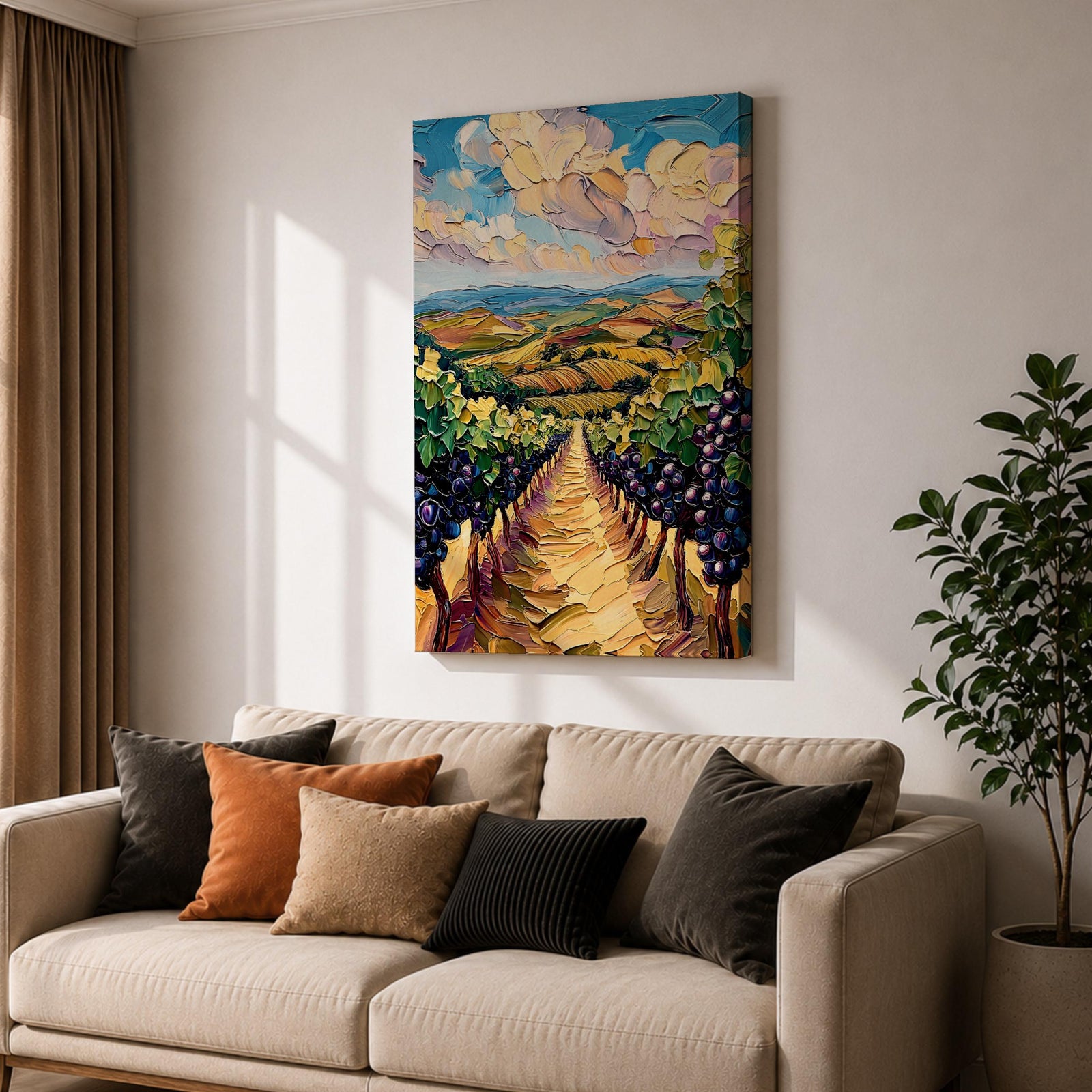 A vibrant impasto painting depicting a Tuscany vineyard with rows of grapevines stretching into rolling hills under a dynamic sky. The thick textured brushstrokes emphasize the lush greenery and ripe grapes, capturing the essence of Italian wine country in a colorful landscape composition.