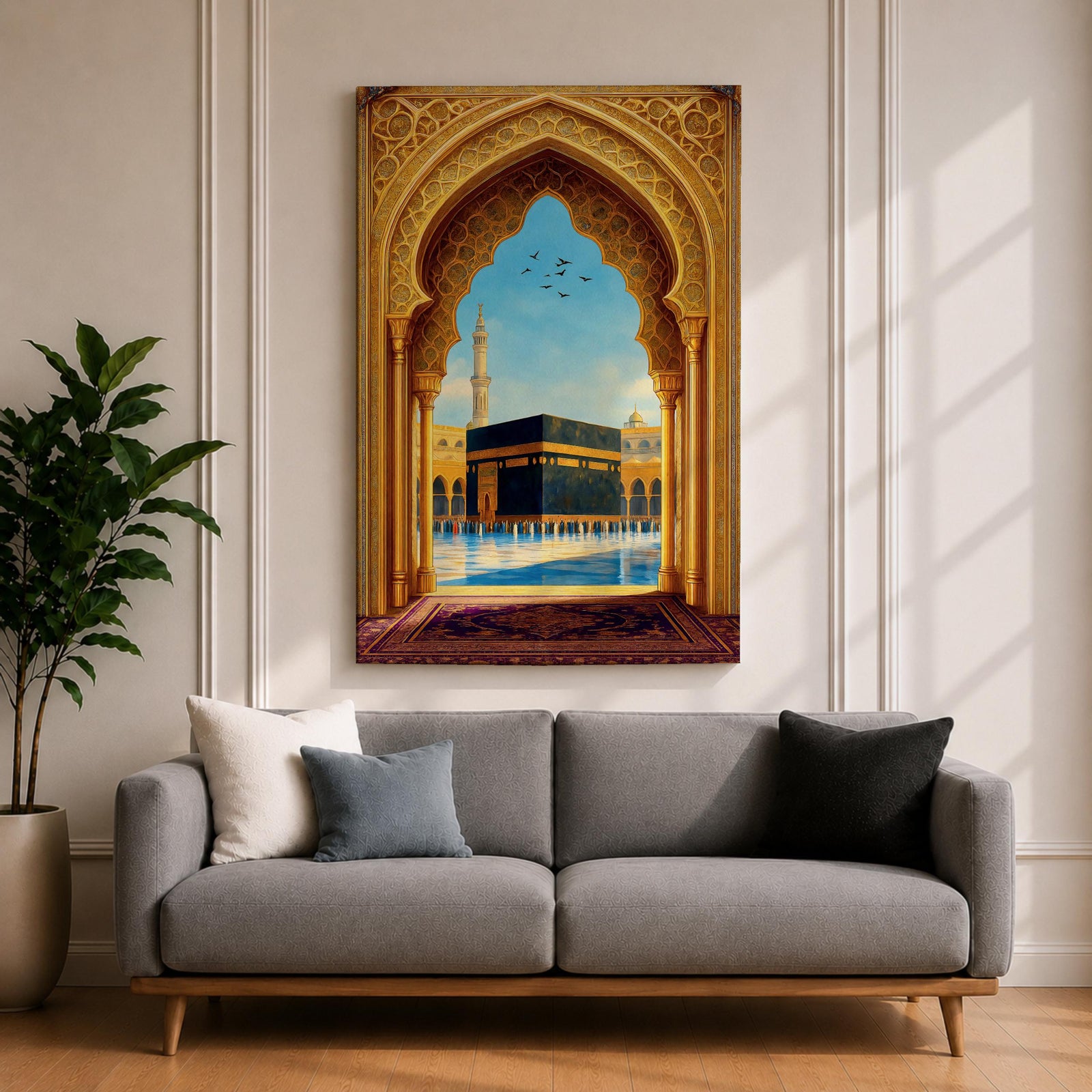 Artwork of the Kaaba in Mecca viewed through an ornate golden Islamic archway with mosque minarets and birds above the reflective courtyard of Masjid Haram.