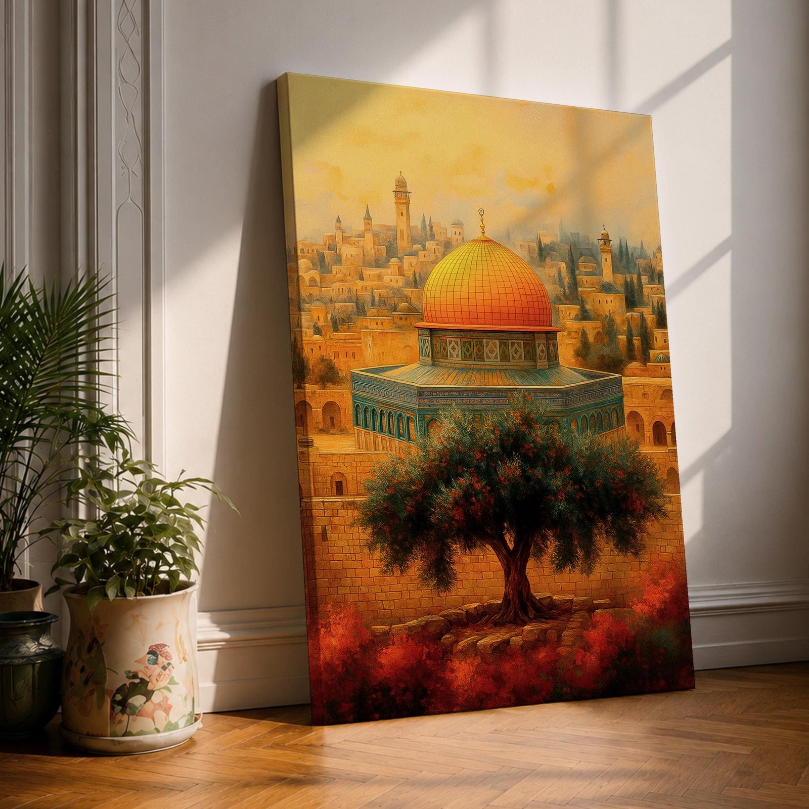 Vintage style artwork of the Dome of the Rock in Jerusalem with the golden dome rising above historic stone walls and a prominent olive tree in the foreground.