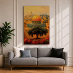 Vintage style artwork of the Dome of the Rock in Jerusalem with the golden dome rising above historic stone walls and a prominent olive tree in the foreground.