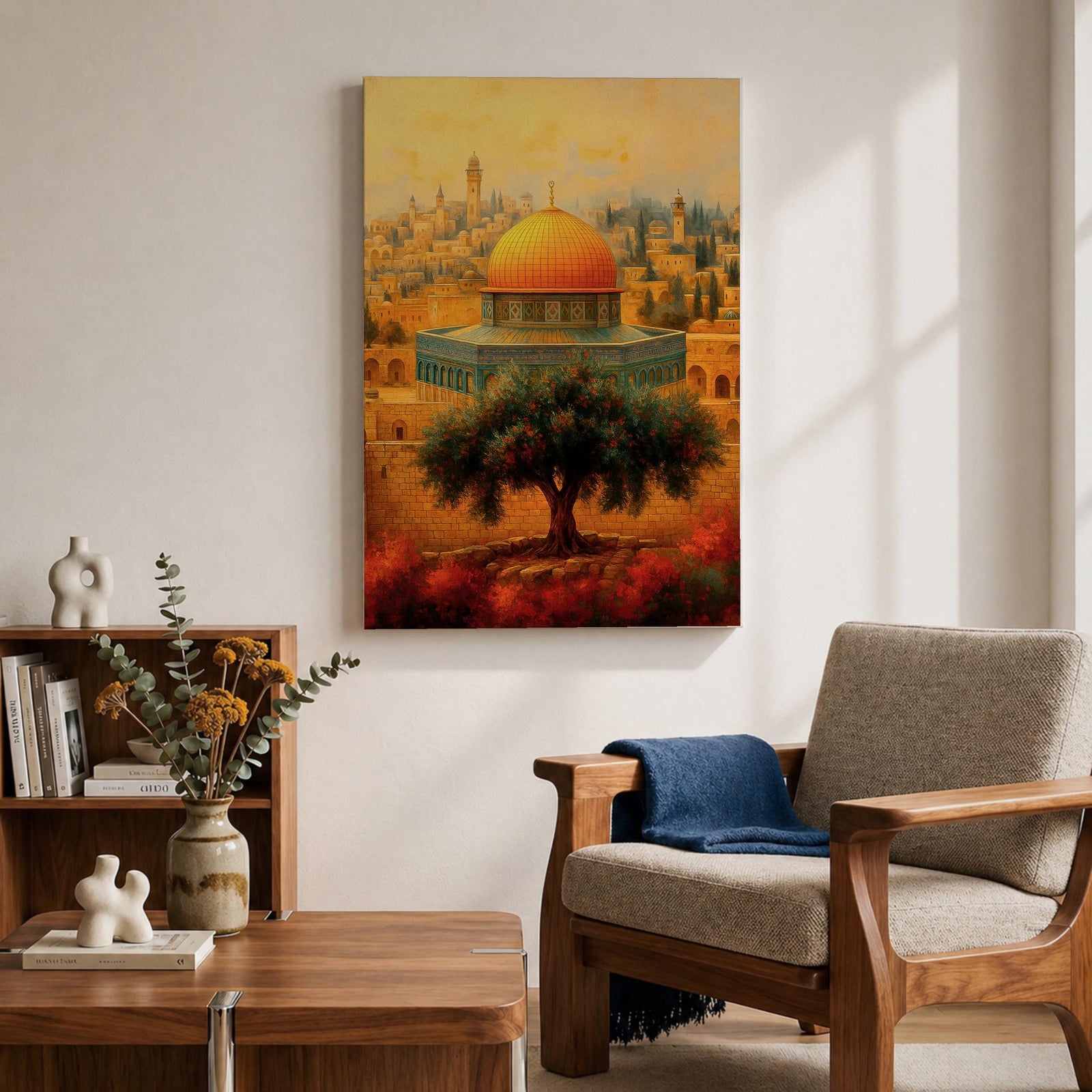 Vintage style artwork of the Dome of the Rock in Jerusalem with the golden dome rising above historic stone walls and a prominent olive tree in the foreground.