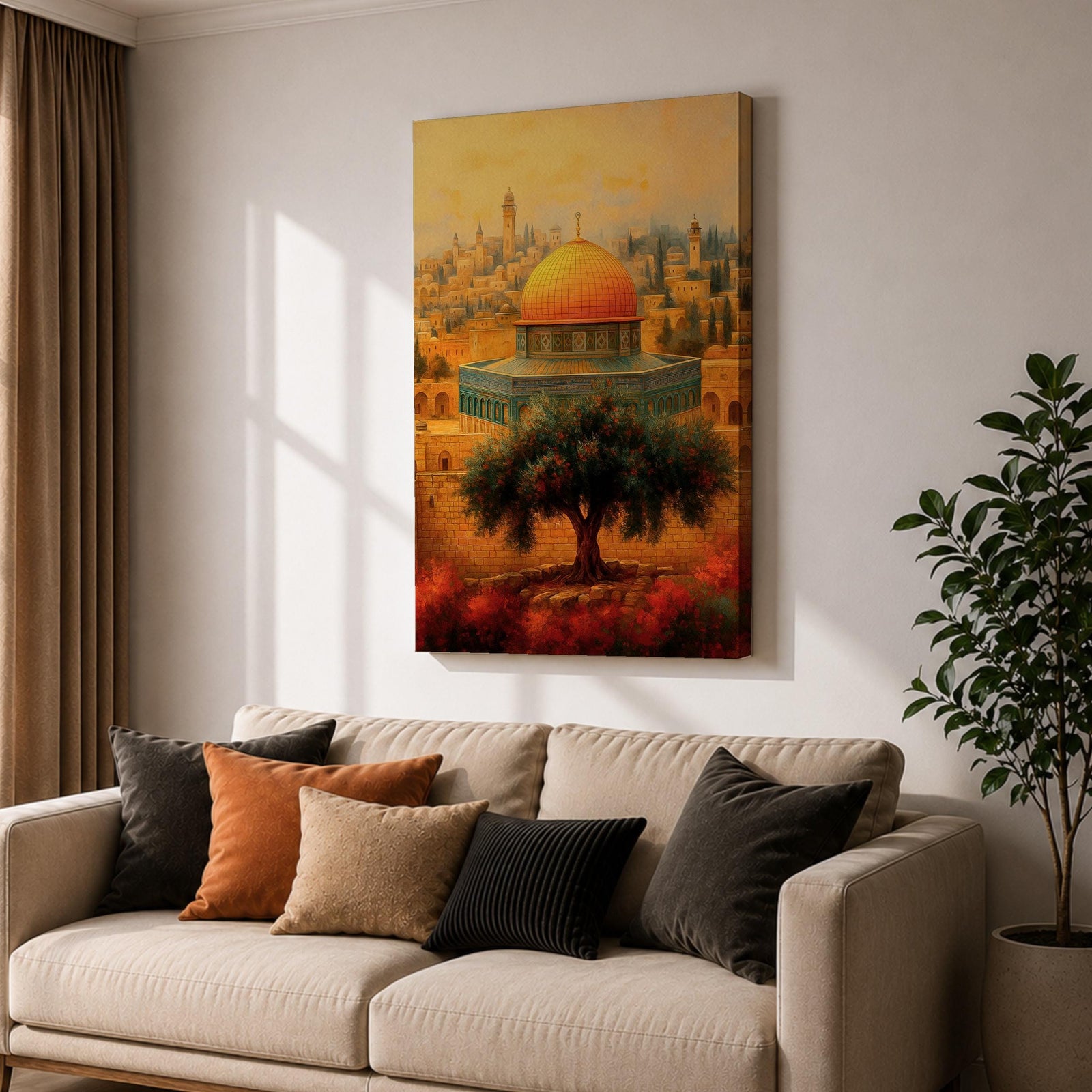 Vintage style artwork of the Dome of the Rock in Jerusalem with the golden dome rising above historic stone walls and a prominent olive tree in the foreground.