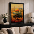 Vintage style artwork of the Dome of the Rock in Jerusalem with the golden dome rising above historic stone walls and a prominent olive tree in the foreground.