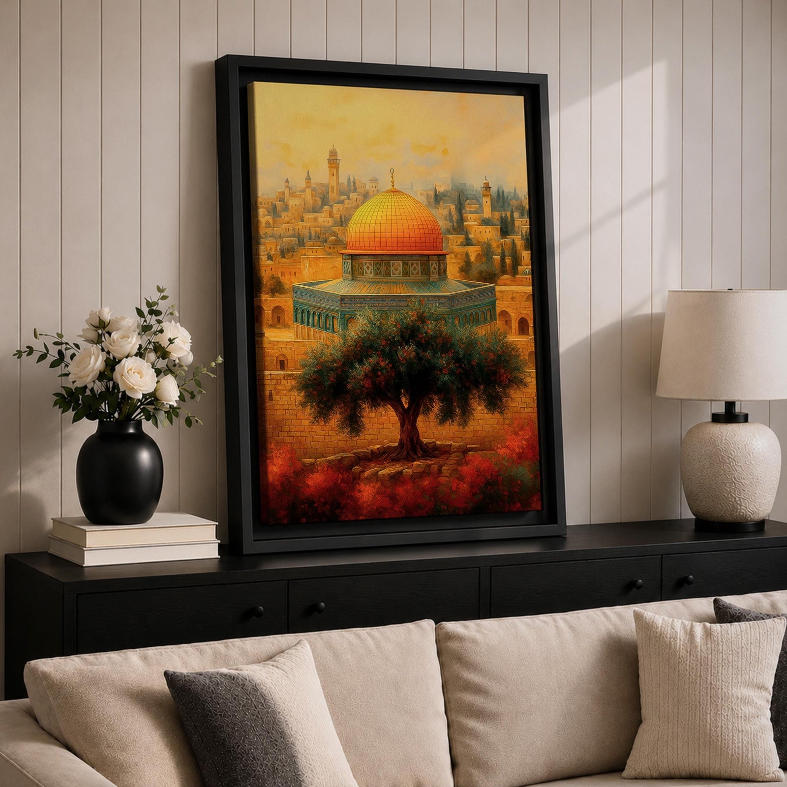 Vintage style artwork of the Dome of the Rock in Jerusalem with the golden dome rising above historic stone walls and a prominent olive tree in the foreground.