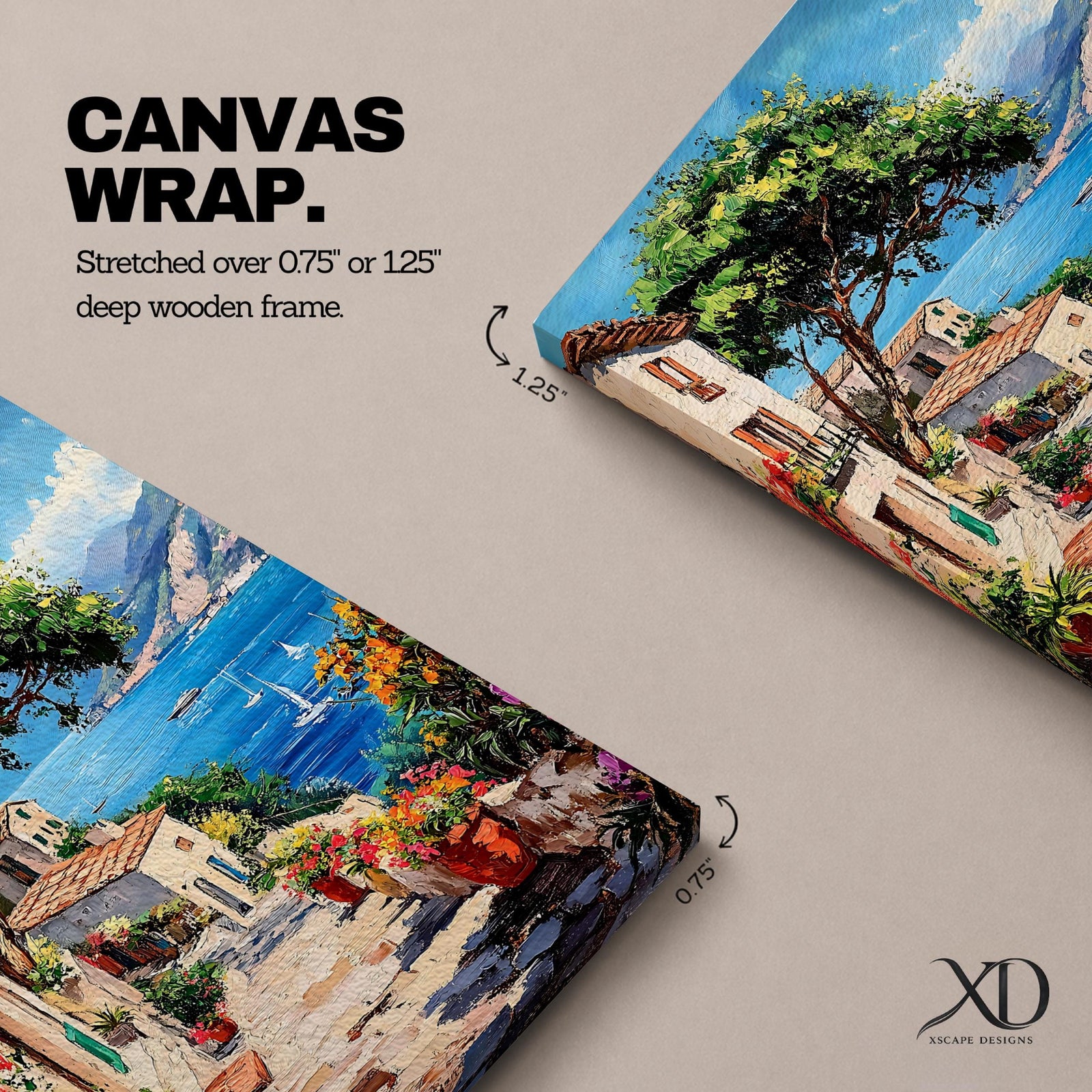 This artwork depicts a vibrant Italian village scene with terracotta-roofed houses, lush greenery, and colorful flowers lining a stone pathway that leads down to a bright blue Mediterranean sea with sailboats and distant mountains, rendered in a realistic style capturing coastal charm.