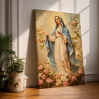 Vintage devotional painting of the Virgin Mary standing gracefully with open hands in a welcoming gesture, wearing a flowing cream robe and blue mantle while surrounded by blooming pink roses and a soft glowing halo above her head, rendered in a classical Madonna composition with delicate floral garden details.