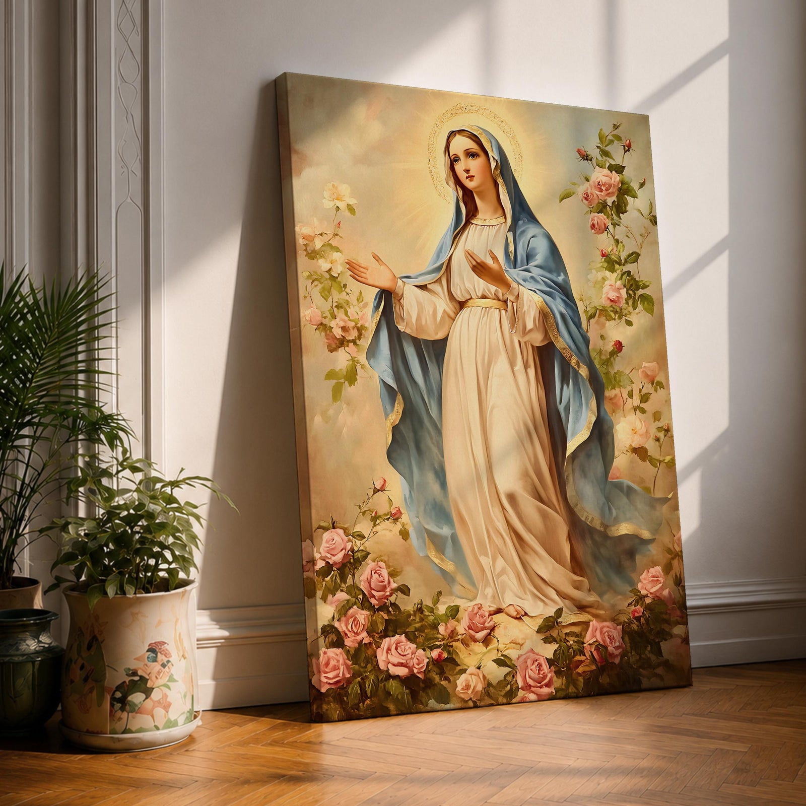 Vintage devotional painting of the Virgin Mary standing gracefully with open hands in a welcoming gesture, wearing a flowing cream robe and blue mantle while surrounded by blooming pink roses and a soft glowing halo above her head, rendered in a classical Madonna composition with delicate floral garden details.