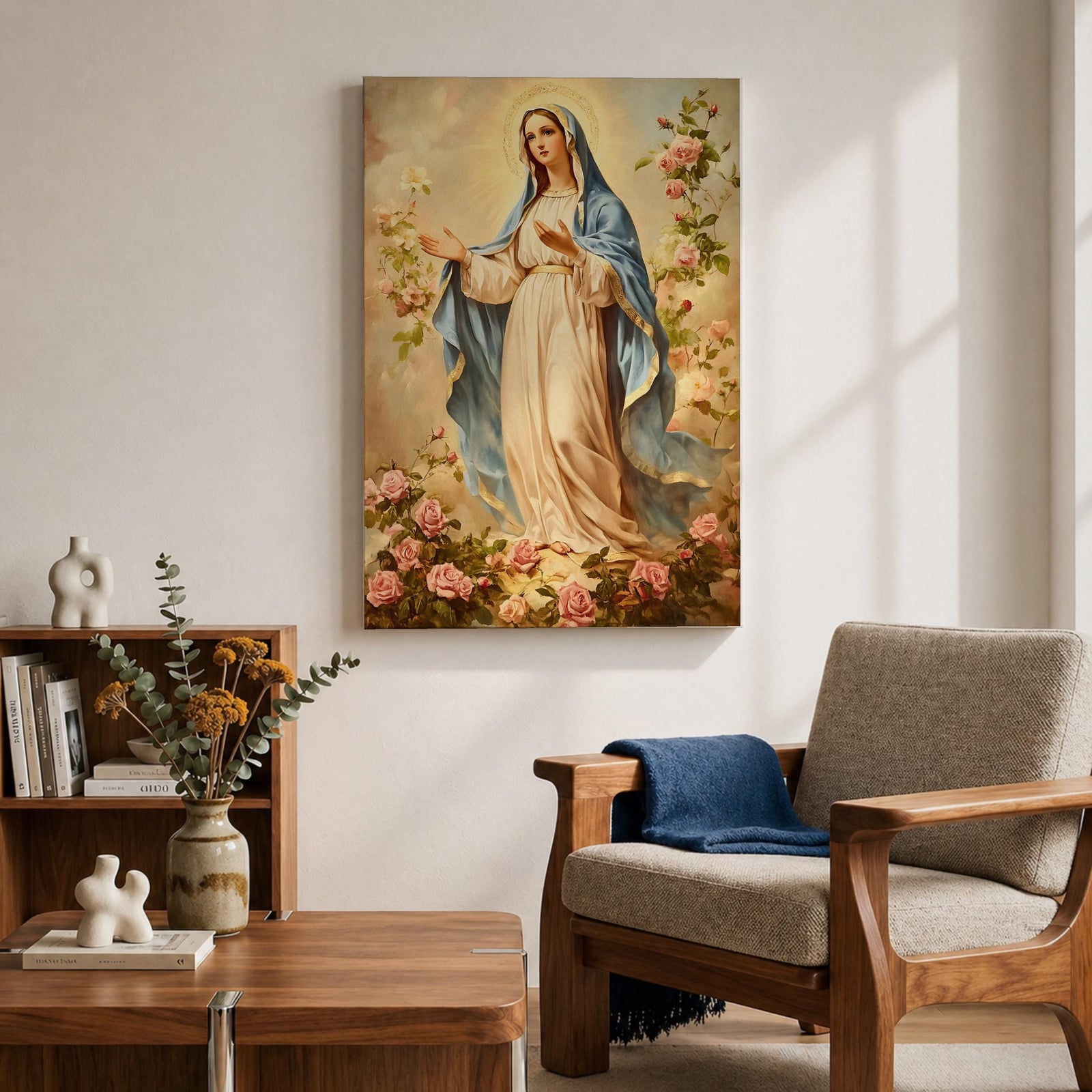 Vintage devotional painting of the Virgin Mary standing gracefully with open hands in a welcoming gesture, wearing a flowing cream robe and blue mantle while surrounded by blooming pink roses and a soft glowing halo above her head, rendered in a classical Madonna composition with delicate floral garden details.