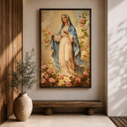 Vintage devotional painting of the Virgin Mary standing gracefully with open hands in a welcoming gesture, wearing a flowing cream robe and blue mantle while surrounded by blooming pink roses and a soft glowing halo above her head, rendered in a classical Madonna composition with delicate floral garden details.