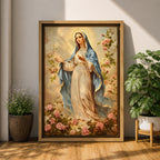 Vintage devotional painting of the Virgin Mary standing gracefully with open hands in a welcoming gesture, wearing a flowing cream robe and blue mantle while surrounded by blooming pink roses and a soft glowing halo above her head, rendered in a classical Madonna composition with delicate floral garden details.