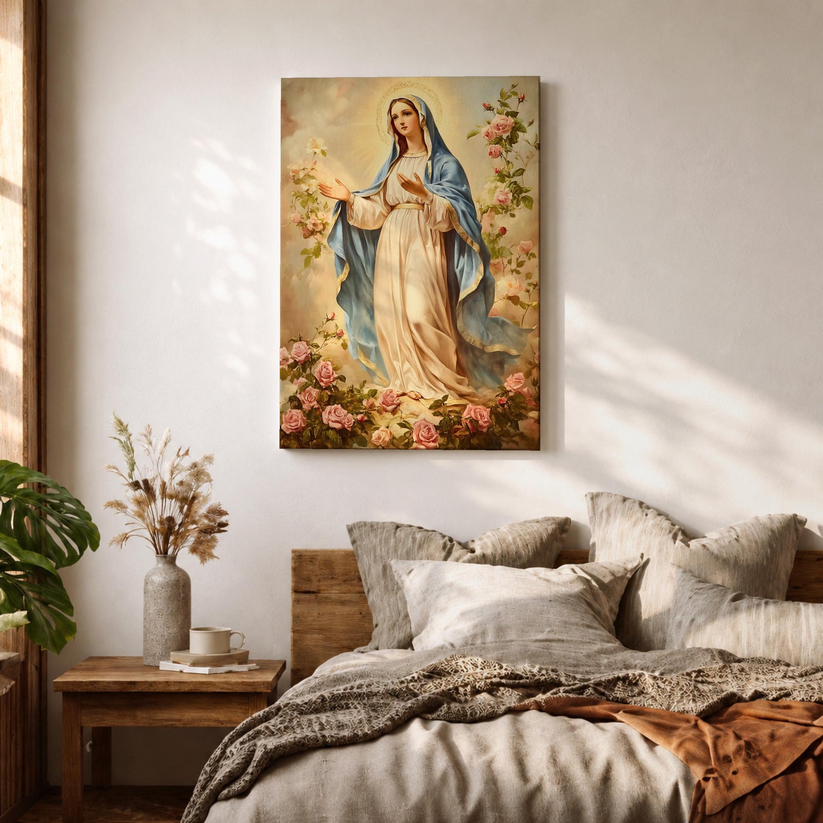 Vintage devotional painting of the Virgin Mary standing gracefully with open hands in a welcoming gesture, wearing a flowing cream robe and blue mantle while surrounded by blooming pink roses and a soft glowing halo above her head, rendered in a classical Madonna composition with delicate floral garden details.