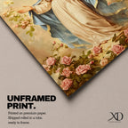Vintage devotional painting of the Virgin Mary standing gracefully with open hands in a welcoming gesture, wearing a flowing cream robe and blue mantle while surrounded by blooming pink roses and a soft glowing halo above her head, rendered in a classical Madonna composition with delicate floral garden details.