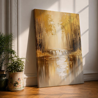 A vintage style framed canvas painting depicting a forest waterfall with cascading water flowing into a reflective pool surrounded by tall trees. The artwork captures a serene woodland scene with textured brushstrokes emphasizing the natural landscape and water elements in warm golden tones.