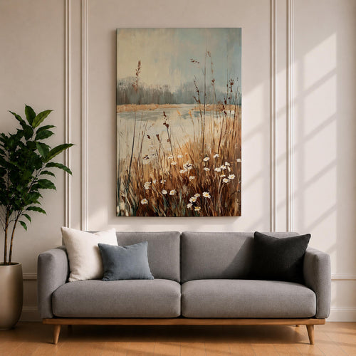 Daisies Meadow Wall Art Wildflower Field Lake Shore Nature Gift Living Room Home Decor