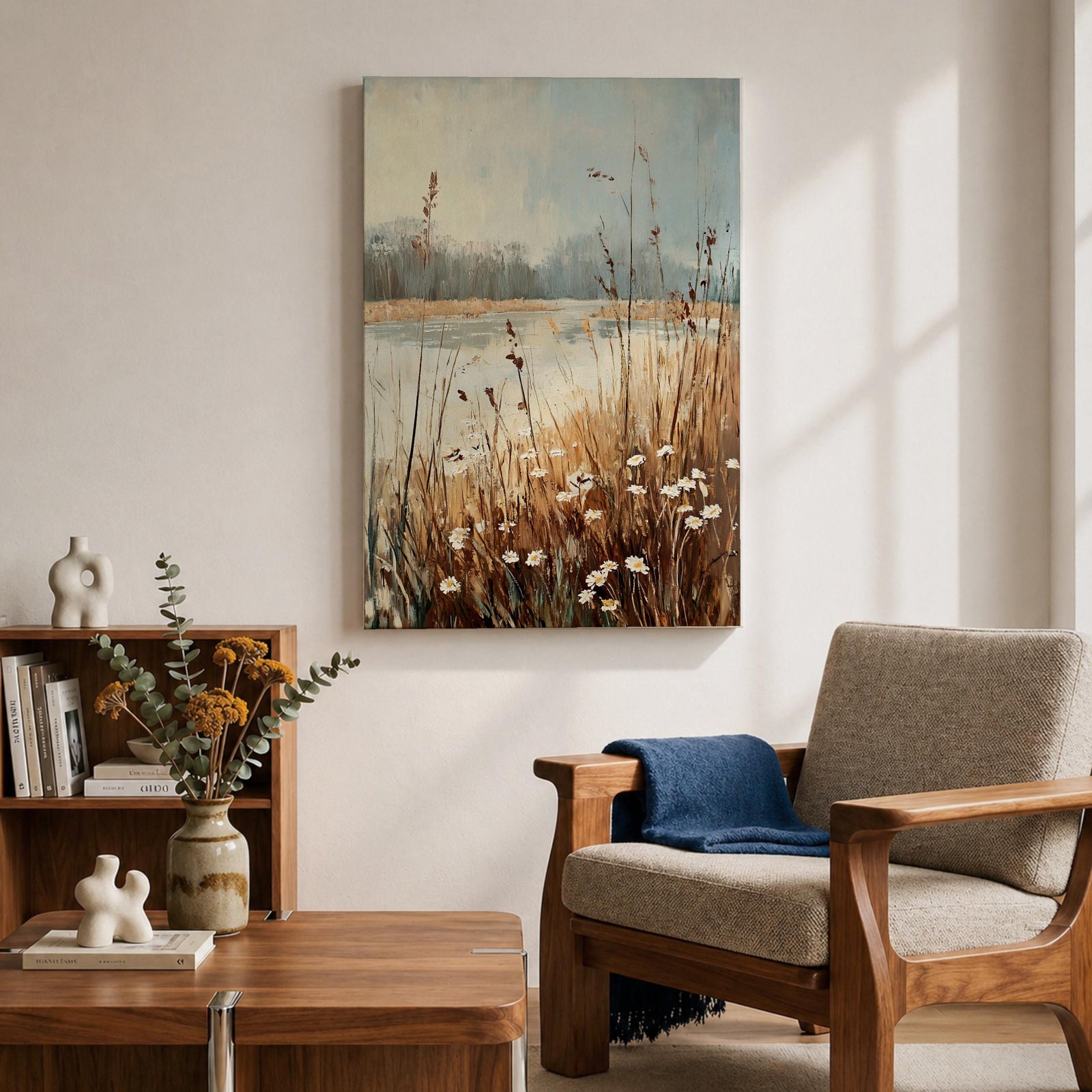 Daisies Meadow Wall Art Wildflower Field Lake Shore Nature Gift Living Room Home Decor