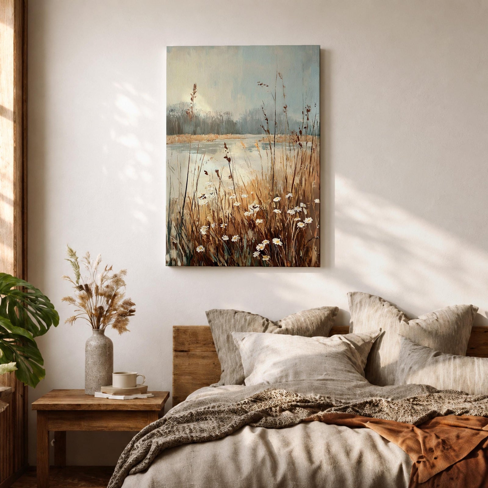 Daisies Meadow Wall Art Wildflower Field Lake Shore Nature Gift Living Room Home Decor