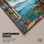 A framed canvas artwork depicting a Mediterranean balcony opening onto a vibrant coastal ocean view with sailboats on the water and leafy branches framing the scene. The style is realistic with bold, clear lines and vivid colors emphasizing the natural landscape and architectural elements.