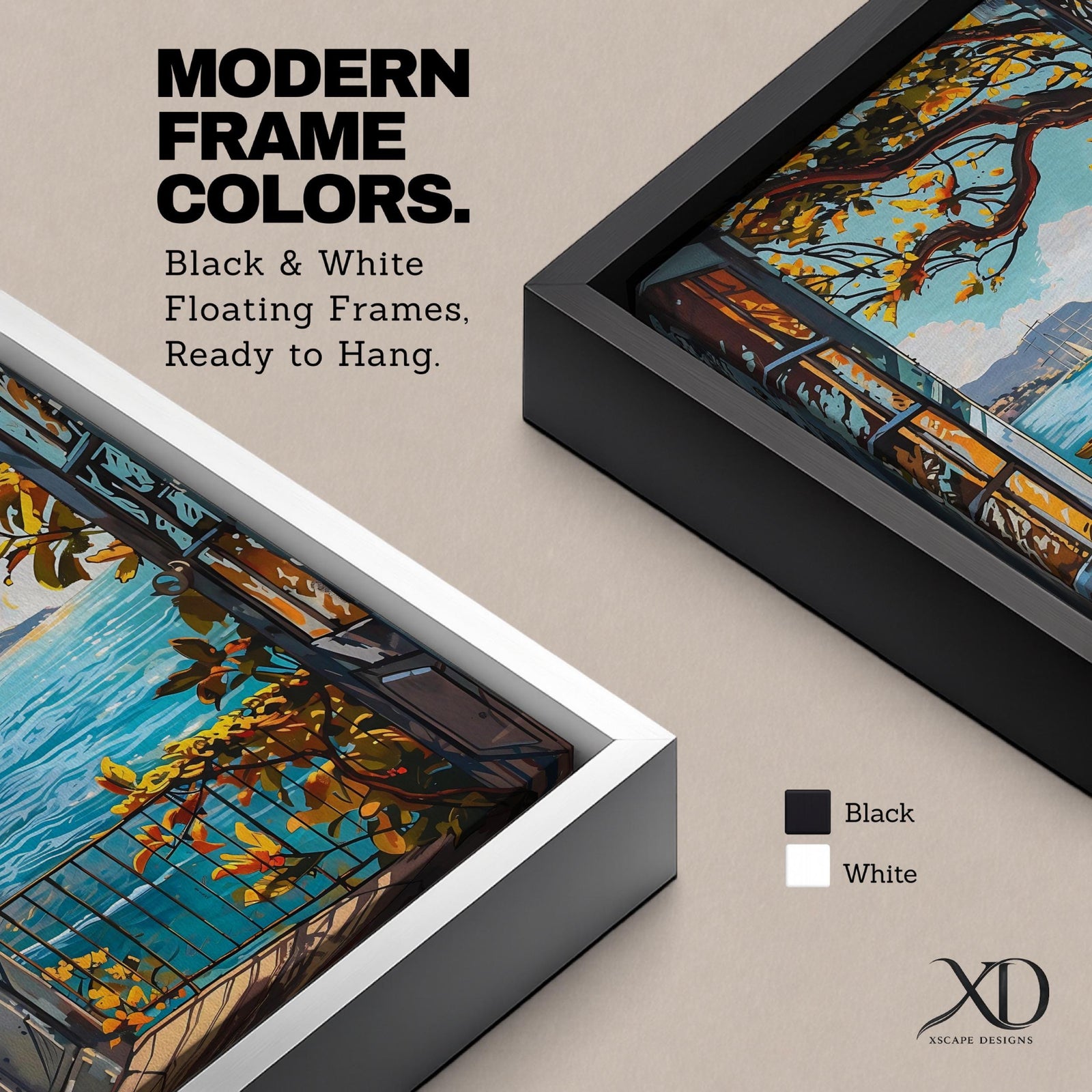 A framed canvas artwork depicting a Mediterranean balcony opening onto a vibrant coastal ocean view with sailboats on the water and leafy branches framing the scene. The style is realistic with bold, clear lines and vivid colors emphasizing the natural landscape and architectural elements.