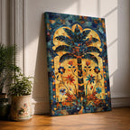 Colorful Islamic mosaic artwork of a palm tree surrounded by arabesque floral motifs and geometric tile patterns inspired by Andalusian design.