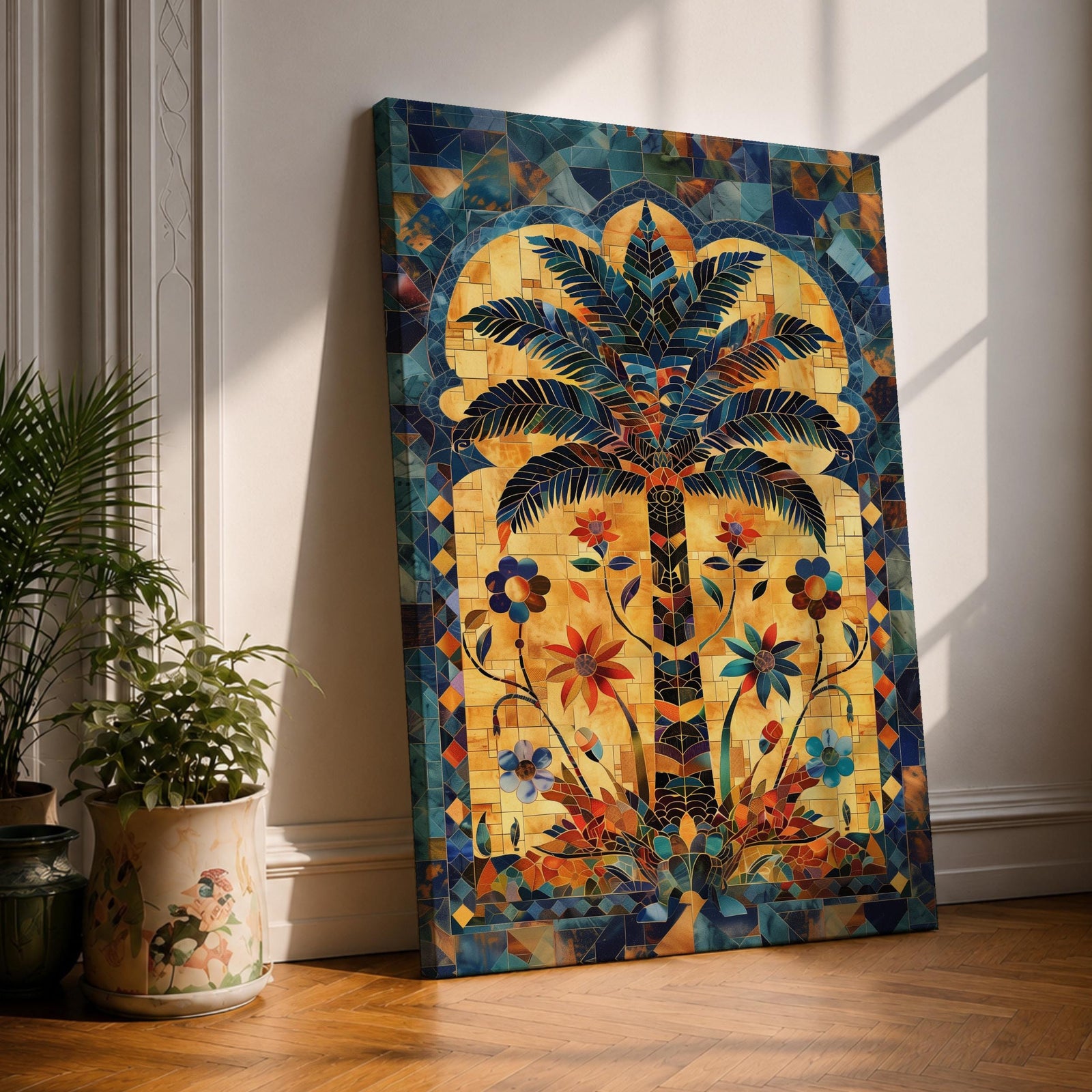 Colorful Islamic mosaic artwork of a palm tree surrounded by arabesque floral motifs and geometric tile patterns inspired by Andalusian design.