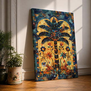 Colorful Islamic mosaic artwork of a palm tree surrounded by arabesque floral motifs and geometric tile patterns inspired by Andalusian design.