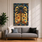 Colorful Islamic mosaic artwork of a palm tree surrounded by arabesque floral motifs and geometric tile patterns inspired by Andalusian design.