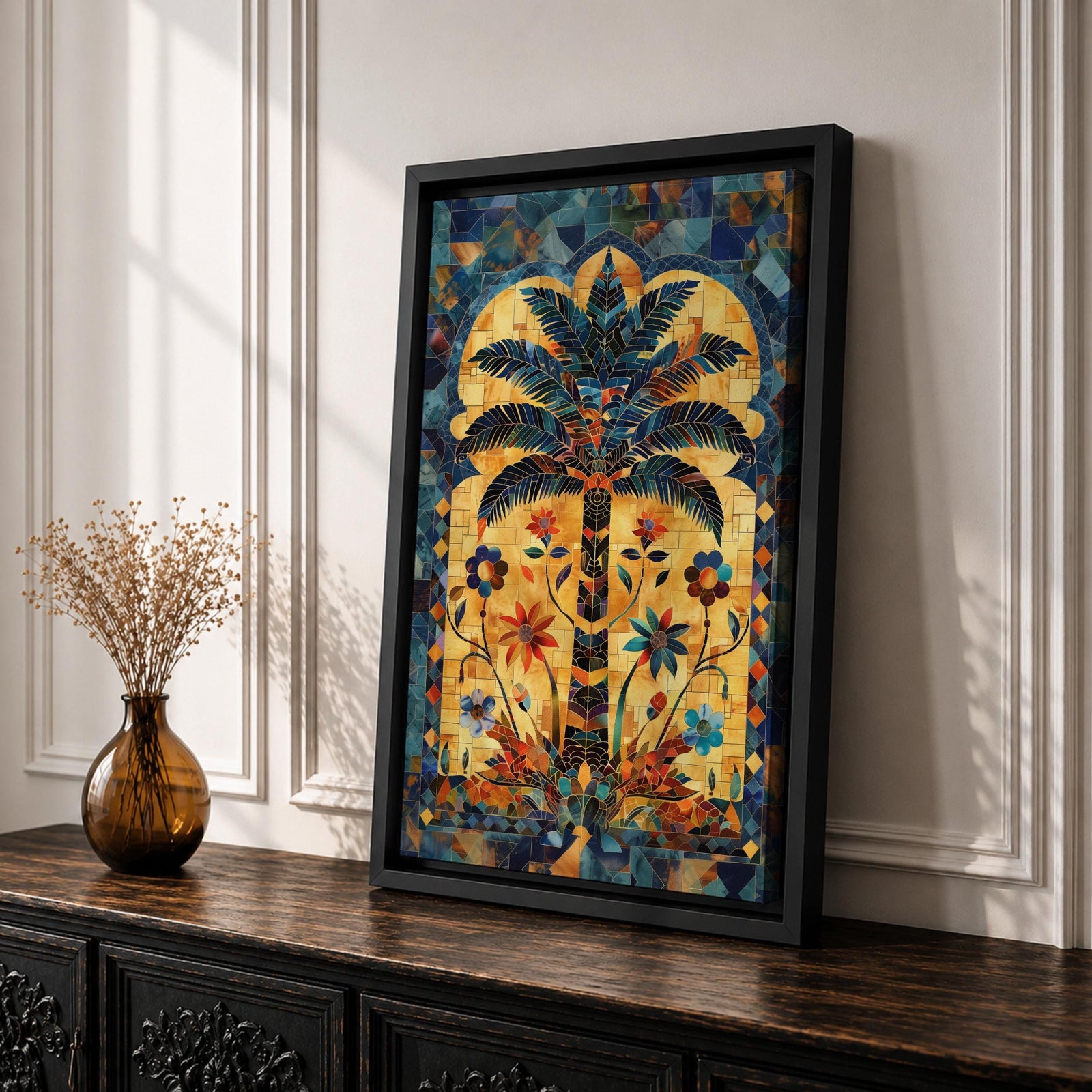 Colorful Islamic mosaic artwork of a palm tree surrounded by arabesque floral motifs and geometric tile patterns inspired by Andalusian design.