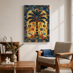 Colorful Islamic mosaic artwork of a palm tree surrounded by arabesque floral motifs and geometric tile patterns inspired by Andalusian design.