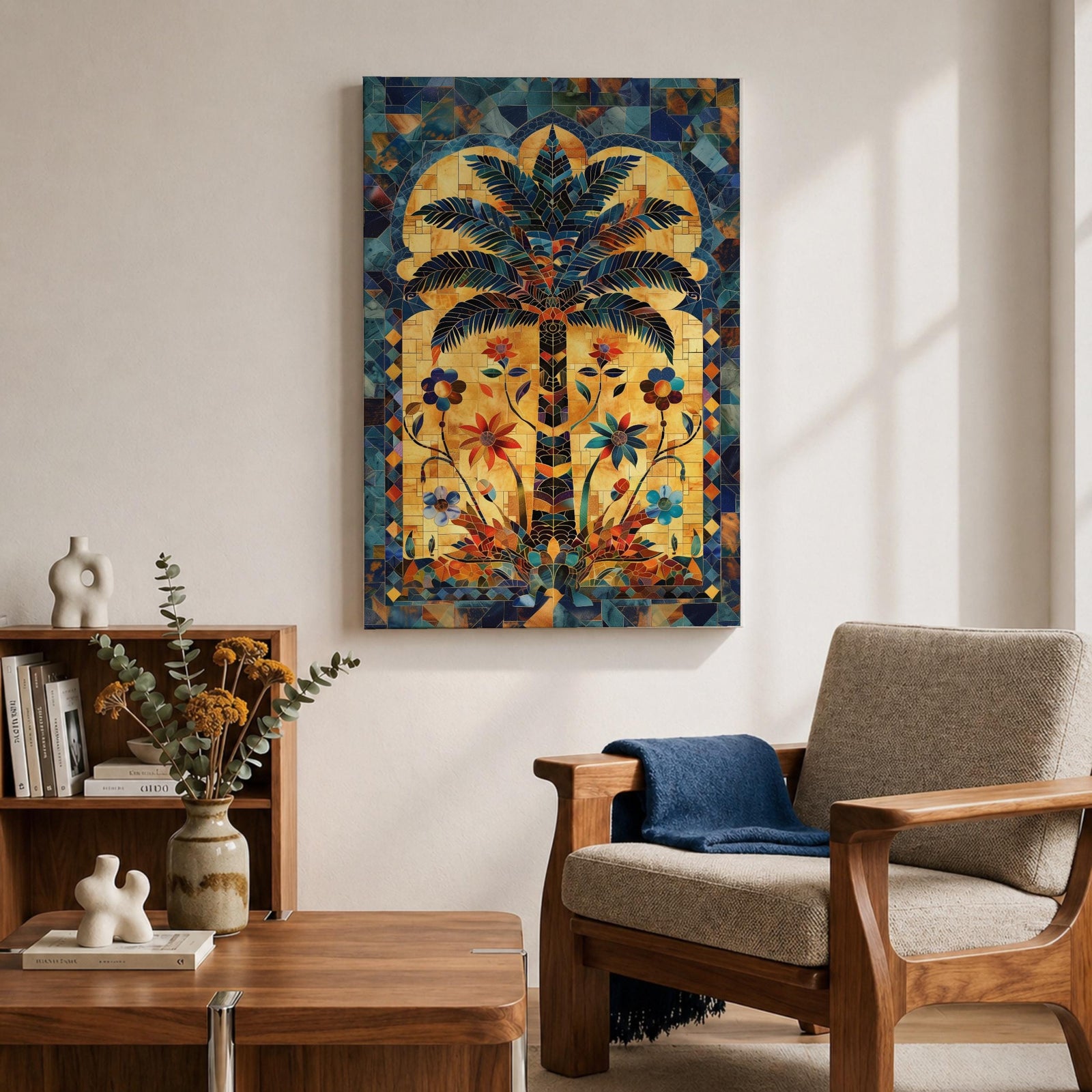 Colorful Islamic mosaic artwork of a palm tree surrounded by arabesque floral motifs and geometric tile patterns inspired by Andalusian design.