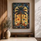 Colorful Islamic mosaic artwork of a palm tree surrounded by arabesque floral motifs and geometric tile patterns inspired by Andalusian design.