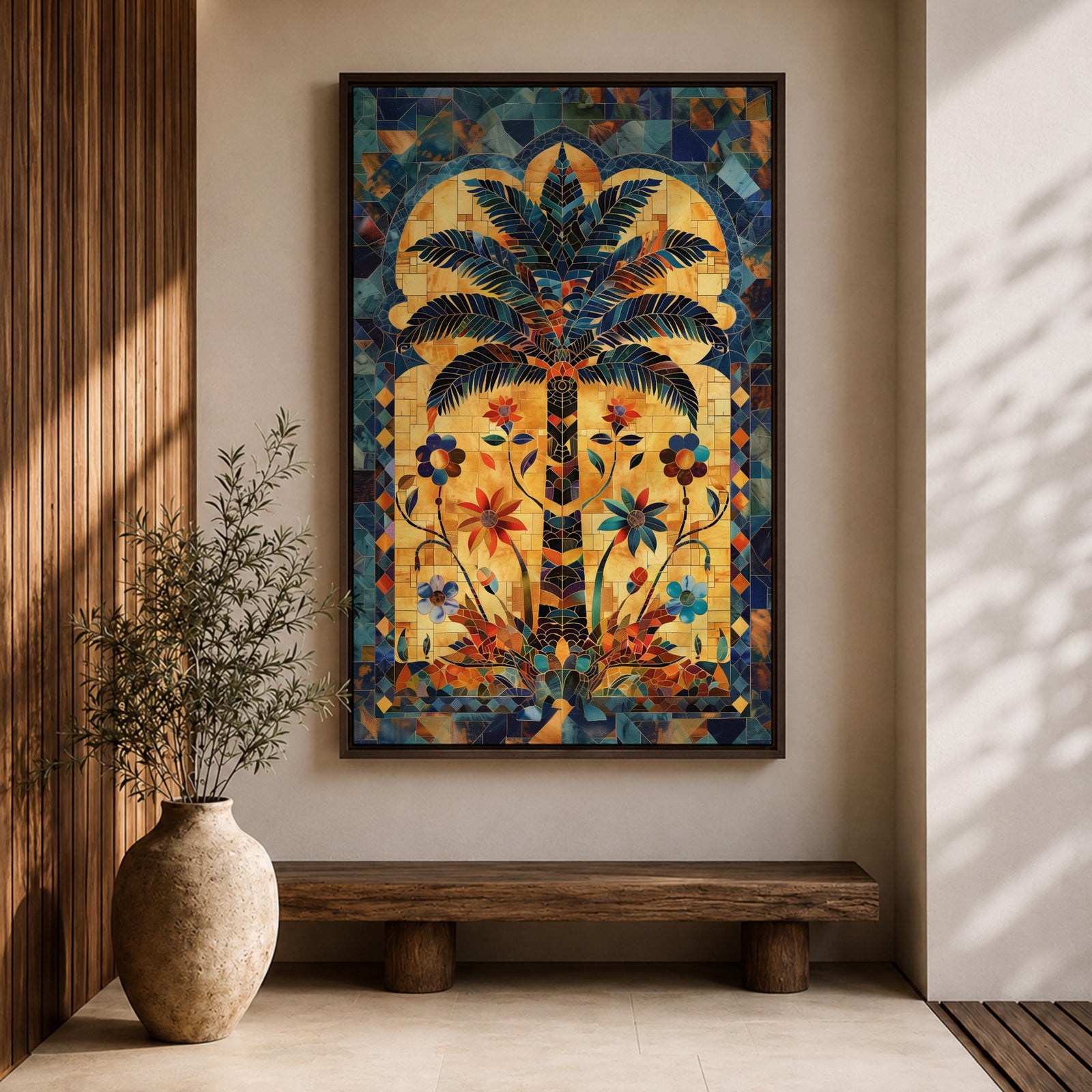 Colorful Islamic mosaic artwork of a palm tree surrounded by arabesque floral motifs and geometric tile patterns inspired by Andalusian design.
