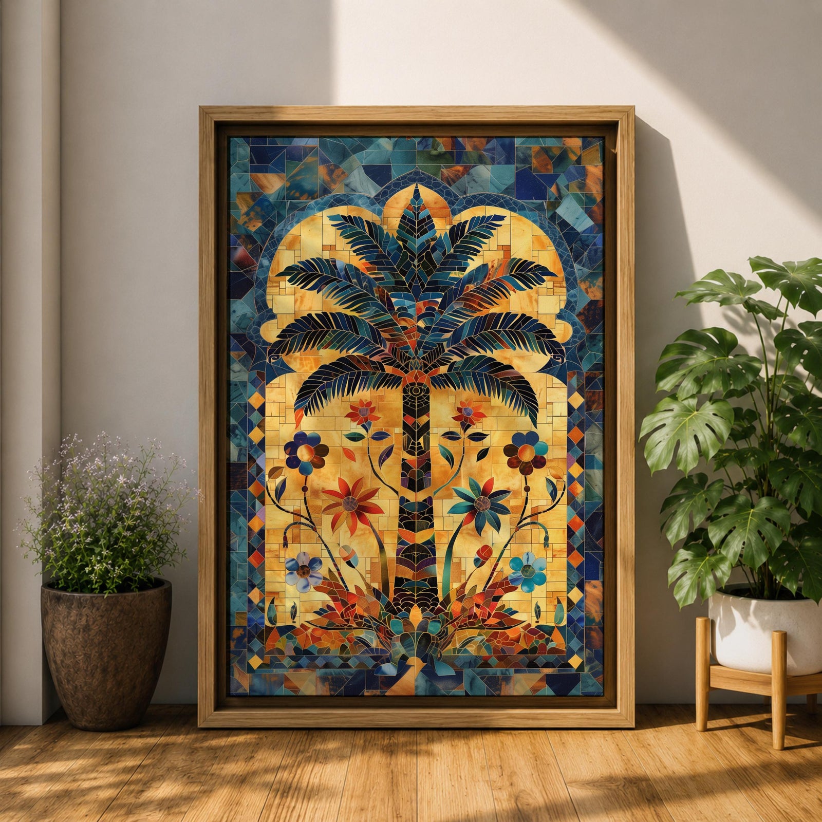 Colorful Islamic mosaic artwork of a palm tree surrounded by arabesque floral motifs and geometric tile patterns inspired by Andalusian design.