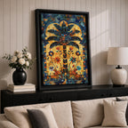 Colorful Islamic mosaic artwork of a palm tree surrounded by arabesque floral motifs and geometric tile patterns inspired by Andalusian design.