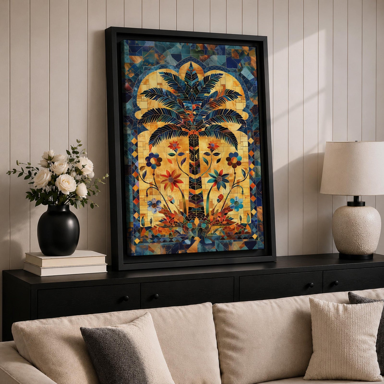 Colorful Islamic mosaic artwork of a palm tree surrounded by arabesque floral motifs and geometric tile patterns inspired by Andalusian design.