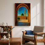 Artwork of Masjid Al Nabawi in Medina viewed through a historic stone archway with the iconic green dome and tall mosque minarets rising under a bright blue sky.