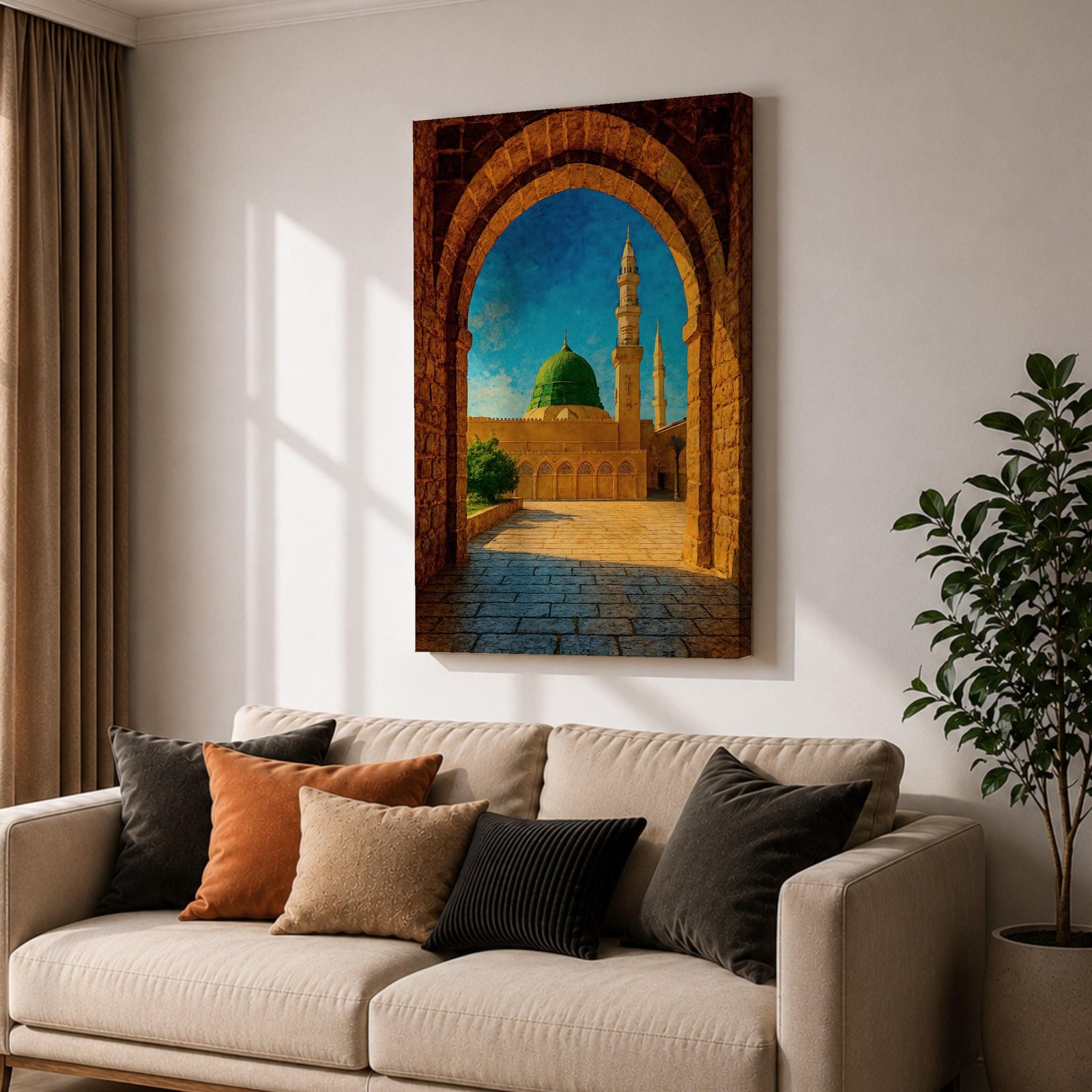 Artwork of Masjid Al Nabawi in Medina viewed through a historic stone archway with the iconic green dome and tall mosque minarets rising under a bright blue sky.