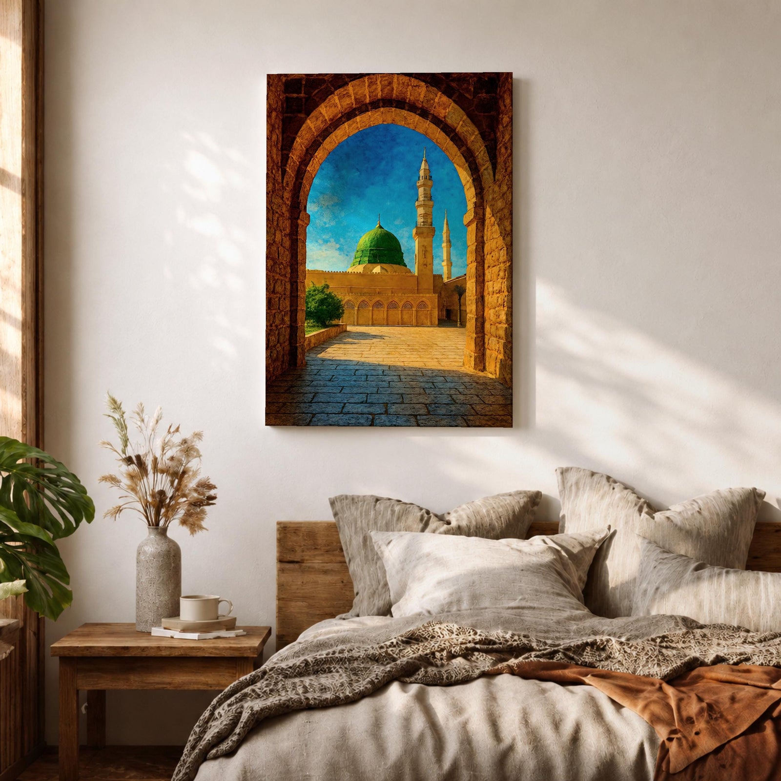 Artwork of Masjid Al Nabawi in Medina viewed through a historic stone archway with the iconic green dome and tall mosque minarets rising under a bright blue sky.