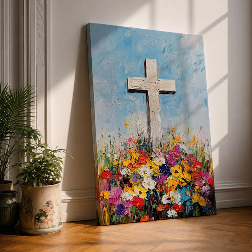 Impasto style painting of a white Christian cross rising from a colorful floral meadow filled with bright wildflowers beneath a soft blue sky, rendered with thick palette knife textures and expressive brushstrokes that emphasize the cross symbol standing prominently above the vibrant field in a faith inspired composition.