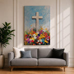 Impasto style painting of a white Christian cross rising from a colorful floral meadow filled with bright wildflowers beneath a soft blue sky, rendered with thick palette knife textures and expressive brushstrokes that emphasize the cross symbol standing prominently above the vibrant field in a faith inspired composition.