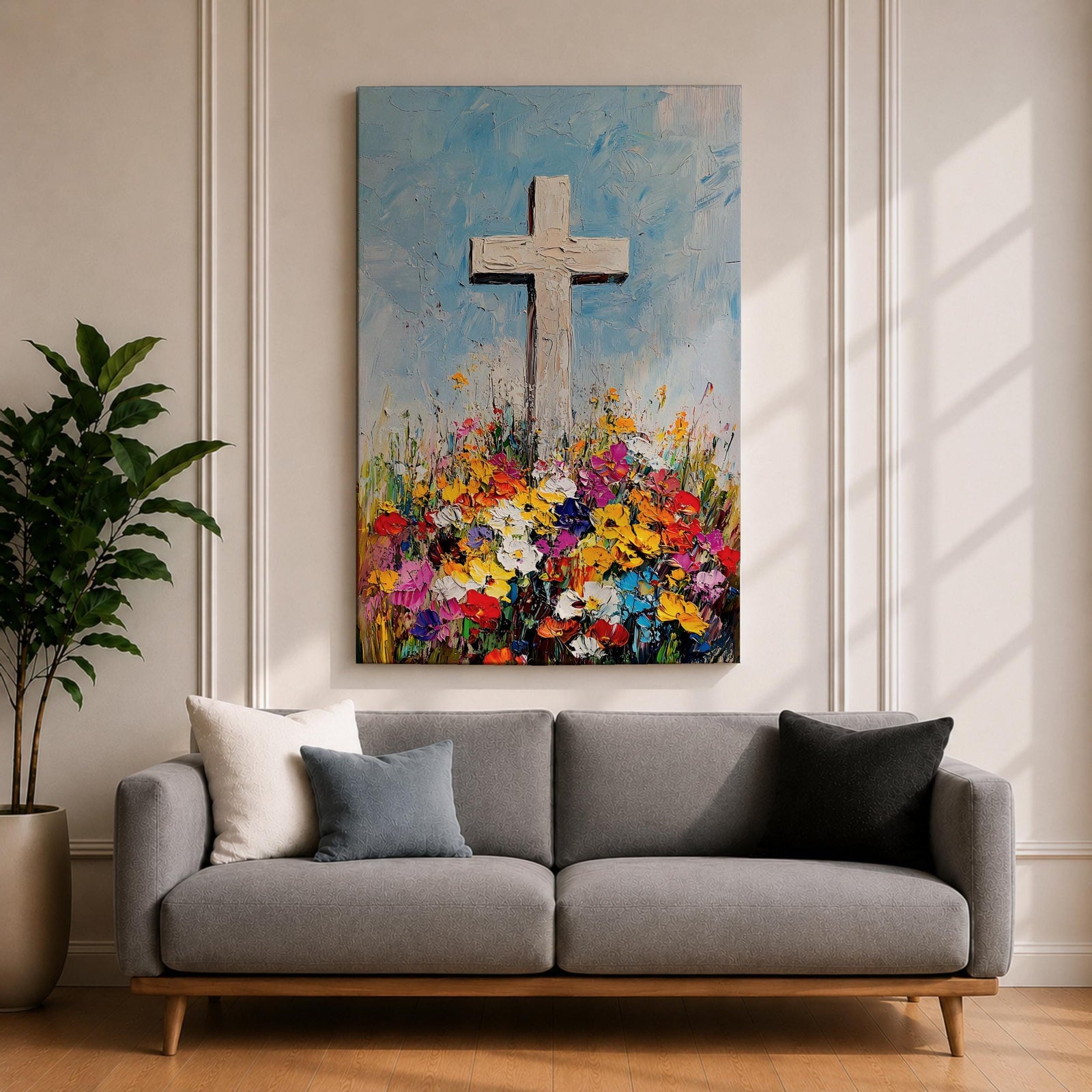 Impasto style painting of a white Christian cross rising from a colorful floral meadow filled with bright wildflowers beneath a soft blue sky, rendered with thick palette knife textures and expressive brushstrokes that emphasize the cross symbol standing prominently above the vibrant field in a faith inspired composition.