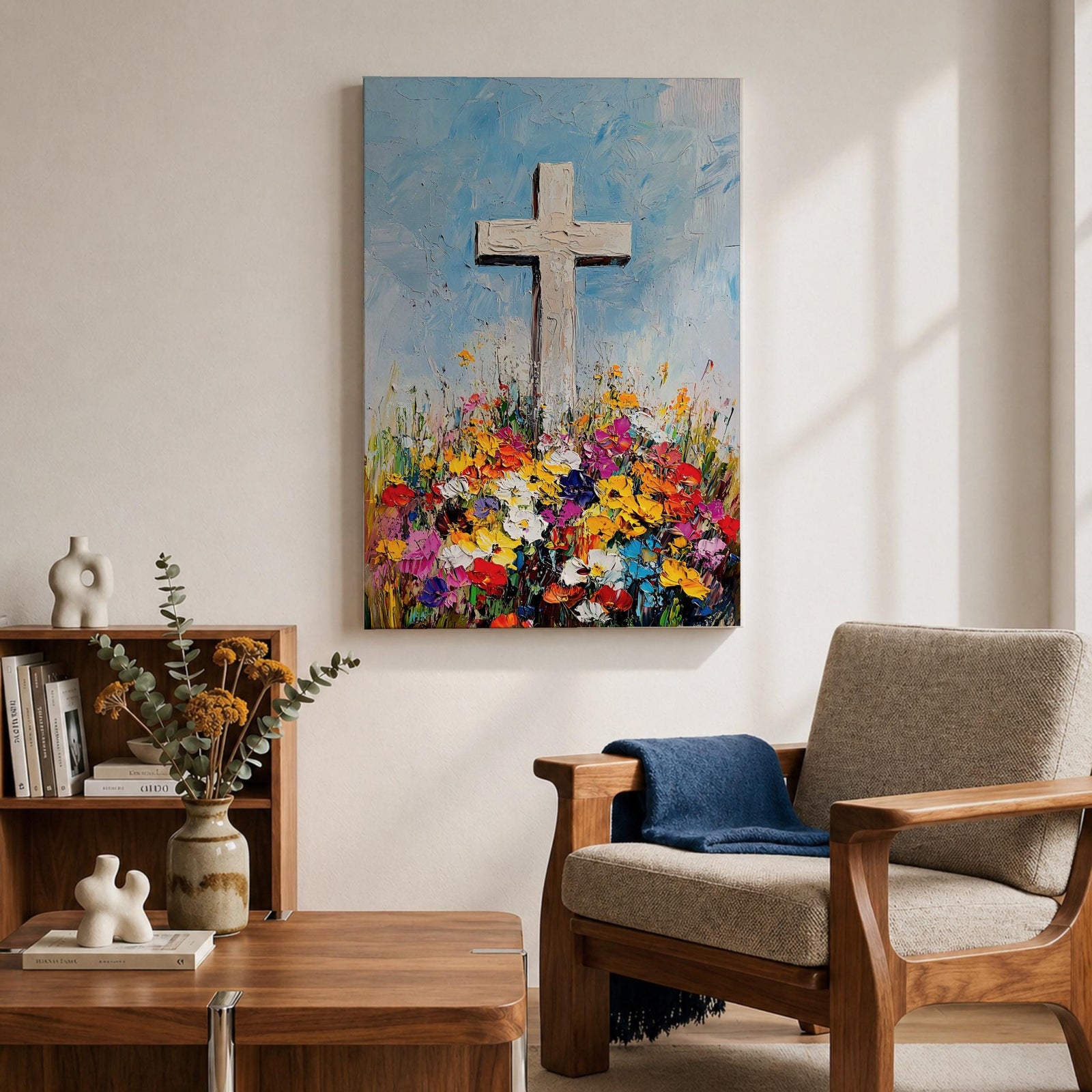 Impasto style painting of a white Christian cross rising from a colorful floral meadow filled with bright wildflowers beneath a soft blue sky, rendered with thick palette knife textures and expressive brushstrokes that emphasize the cross symbol standing prominently above the vibrant field in a faith inspired composition.