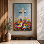 Impasto style painting of a white Christian cross rising from a colorful floral meadow filled with bright wildflowers beneath a soft blue sky, rendered with thick palette knife textures and expressive brushstrokes that emphasize the cross symbol standing prominently above the vibrant field in a faith inspired composition.
