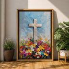 Impasto style painting of a white Christian cross rising from a colorful floral meadow filled with bright wildflowers beneath a soft blue sky, rendered with thick palette knife textures and expressive brushstrokes that emphasize the cross symbol standing prominently above the vibrant field in a faith inspired composition.