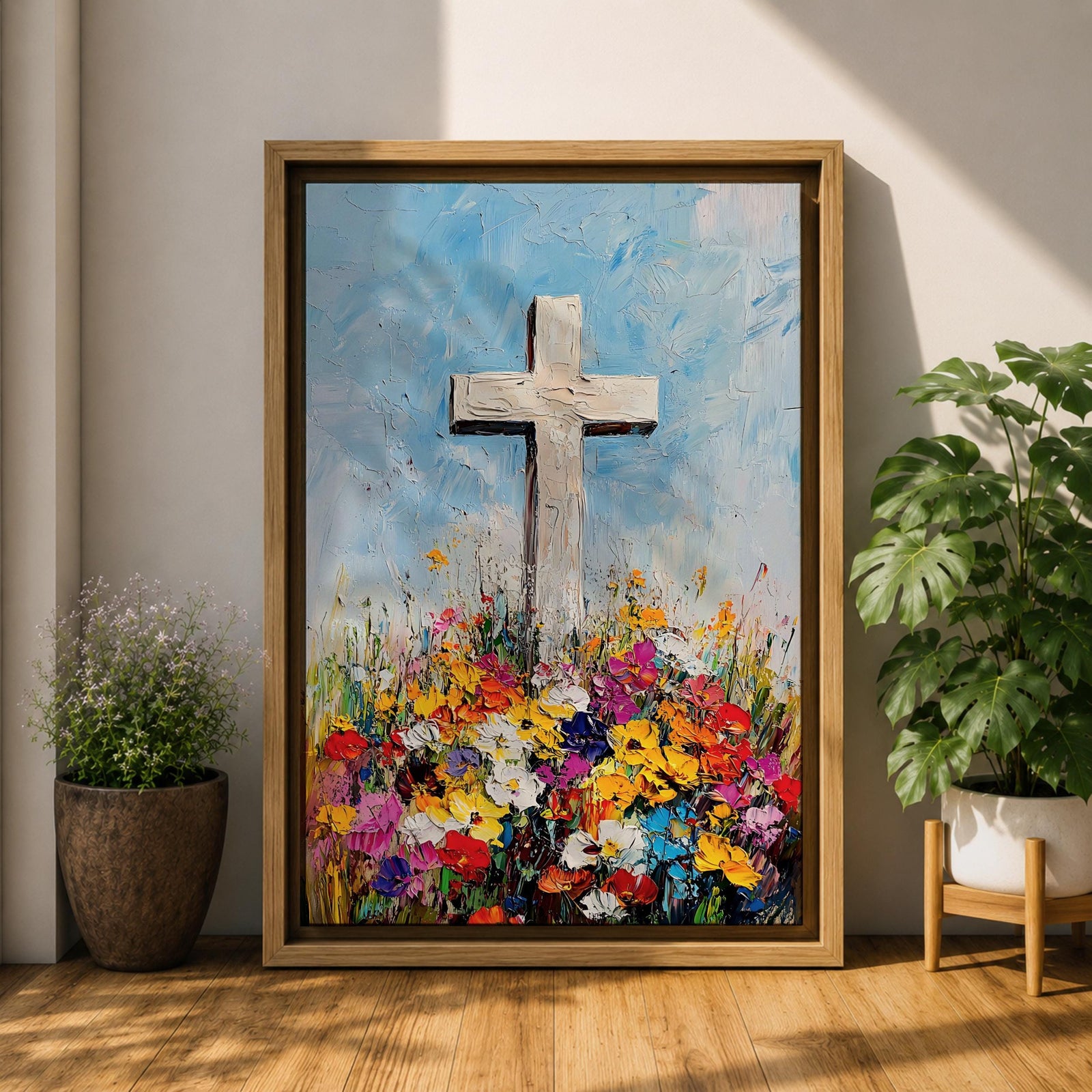 Impasto style painting of a white Christian cross rising from a colorful floral meadow filled with bright wildflowers beneath a soft blue sky, rendered with thick palette knife textures and expressive brushstrokes that emphasize the cross symbol standing prominently above the vibrant field in a faith inspired composition.