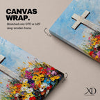 Impasto style painting of a white Christian cross rising from a colorful floral meadow filled with bright wildflowers beneath a soft blue sky, rendered with thick palette knife textures and expressive brushstrokes that emphasize the cross symbol standing prominently above the vibrant field in a faith inspired composition.