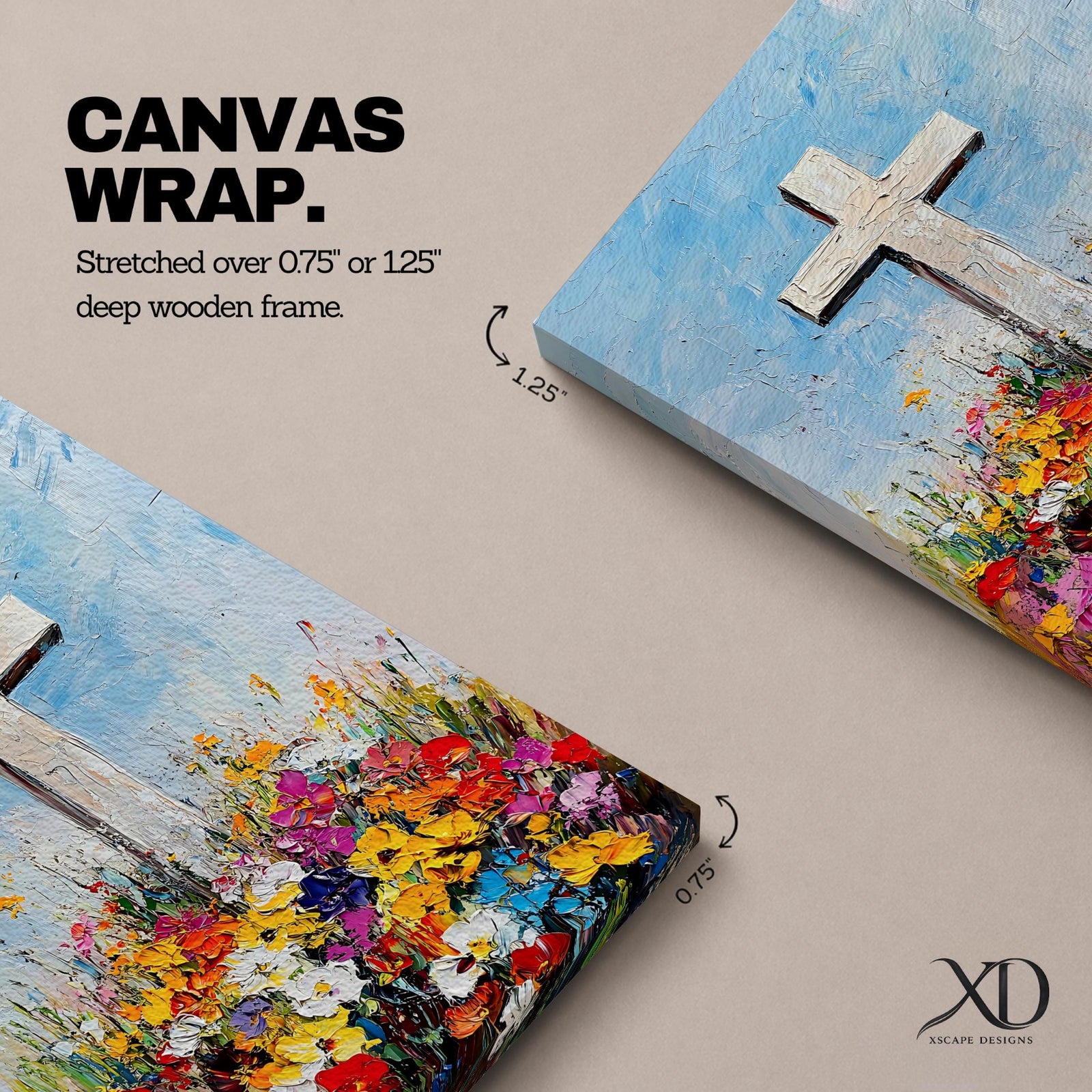 Impasto style painting of a white Christian cross rising from a colorful floral meadow filled with bright wildflowers beneath a soft blue sky, rendered with thick palette knife textures and expressive brushstrokes that emphasize the cross symbol standing prominently above the vibrant field in a faith inspired composition.