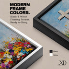 Impasto style painting of a white Christian cross rising from a colorful floral meadow filled with bright wildflowers beneath a soft blue sky, rendered with thick palette knife textures and expressive brushstrokes that emphasize the cross symbol standing prominently above the vibrant field in a faith inspired composition.