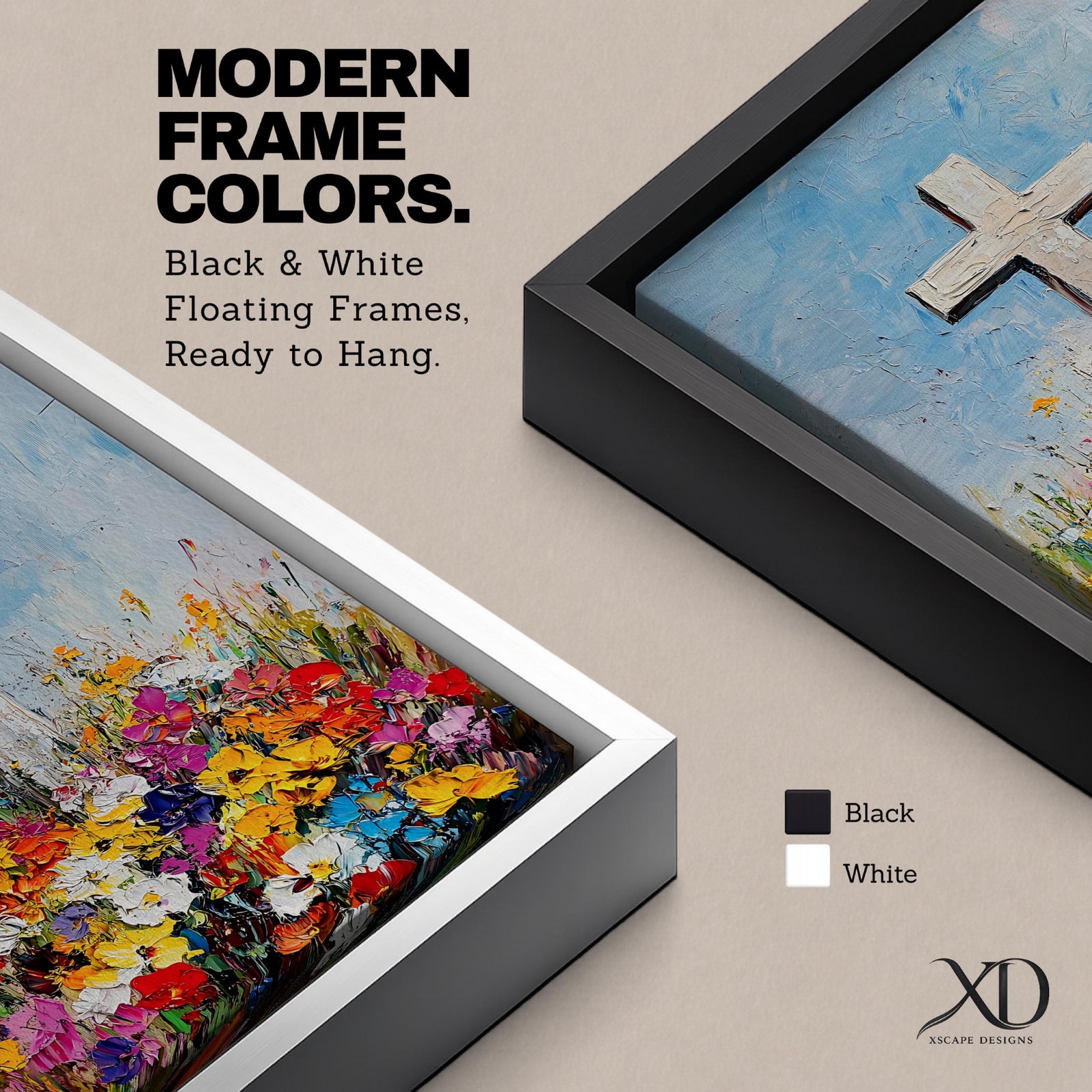 Impasto style painting of a white Christian cross rising from a colorful floral meadow filled with bright wildflowers beneath a soft blue sky, rendered with thick palette knife textures and expressive brushstrokes that emphasize the cross symbol standing prominently above the vibrant field in a faith inspired composition.