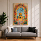 Colorful artwork of the Dome of the Rock framed by a floral archway filled with blooming flowers, with the golden dome rising above the courtyard beneath a bright blue sky.